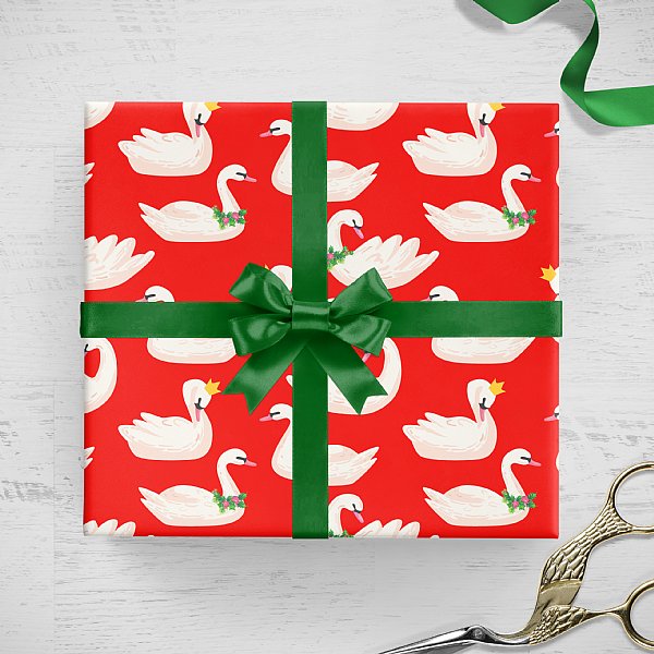 Christmas Seven Swans Swimming Red Gift Wrap