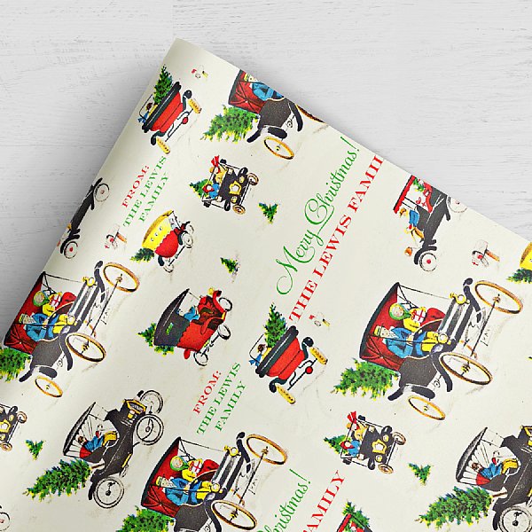 Vintage Christmas Driving Personalized Gift Wrap (Fair Skin Version)