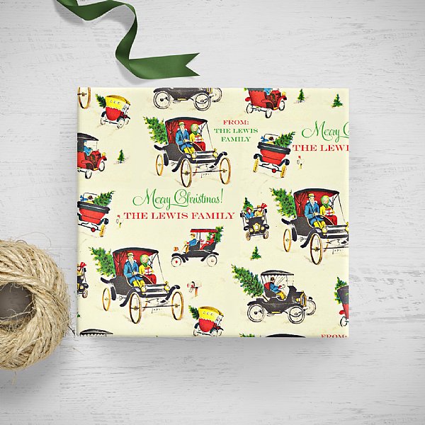 Vintage Christmas Driving Personalized Gift Wrap (Fair Skin Version)