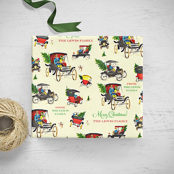 Vintage Christmas Driving Personalized Gift Wrap (Brown Skin Version)