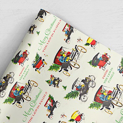 Vintage Christmas Driving Personalized Gift Wrap (Brown Skin Version)